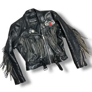 Vintage Leather Fringe Motorcycle Jacket Cropped Harley Biker Lady Rider Sz M